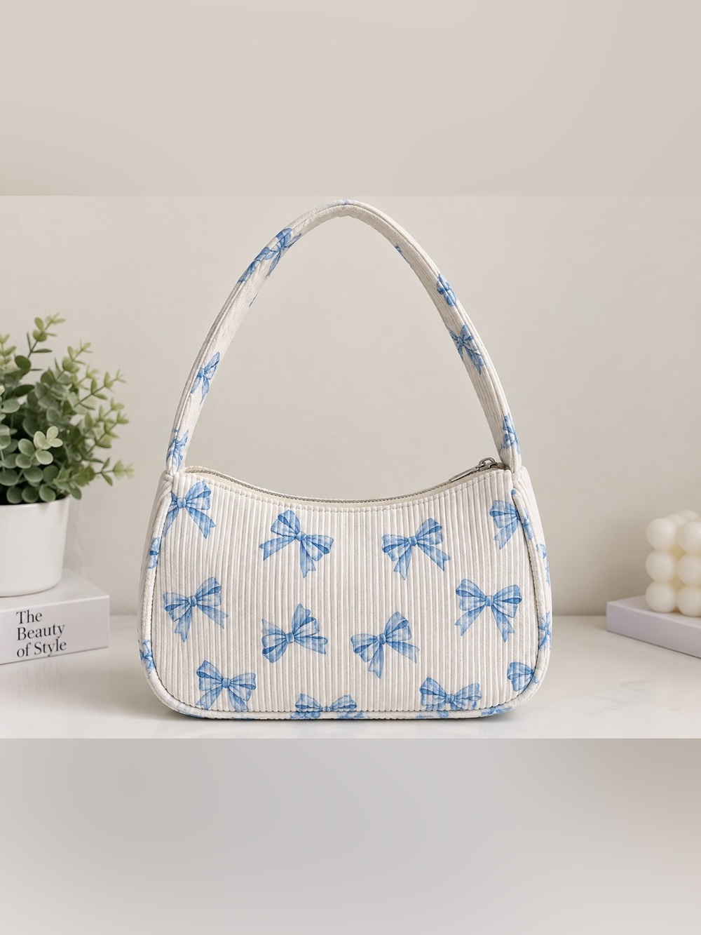 Blue Bow Print White Shoulder Bag